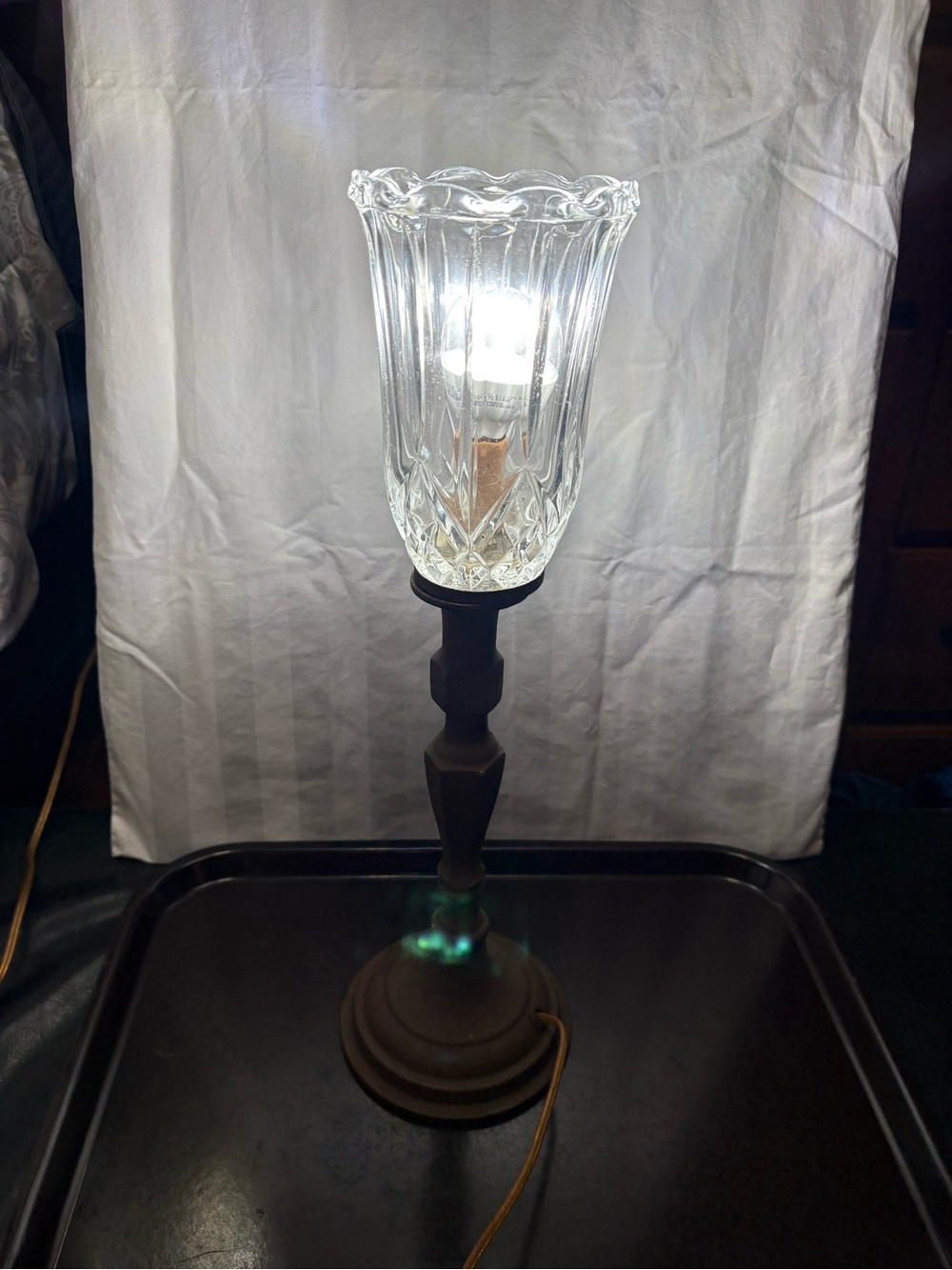 Vintage Torchiere Candlestick Table Lamp Brass Base Painted